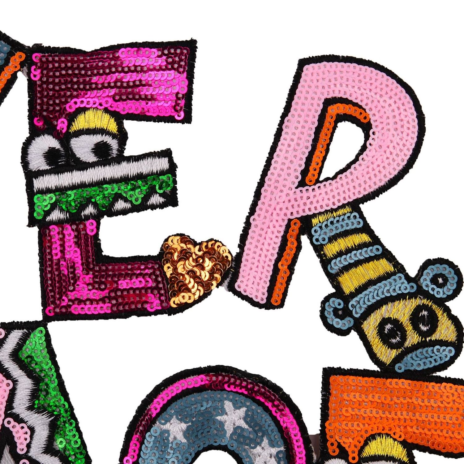 Hot Sale Large Size Colorful Fashion Cartoon Letter Sequin Patches With Glue Custom Logo Glitter Appliques Iron On For Clothing