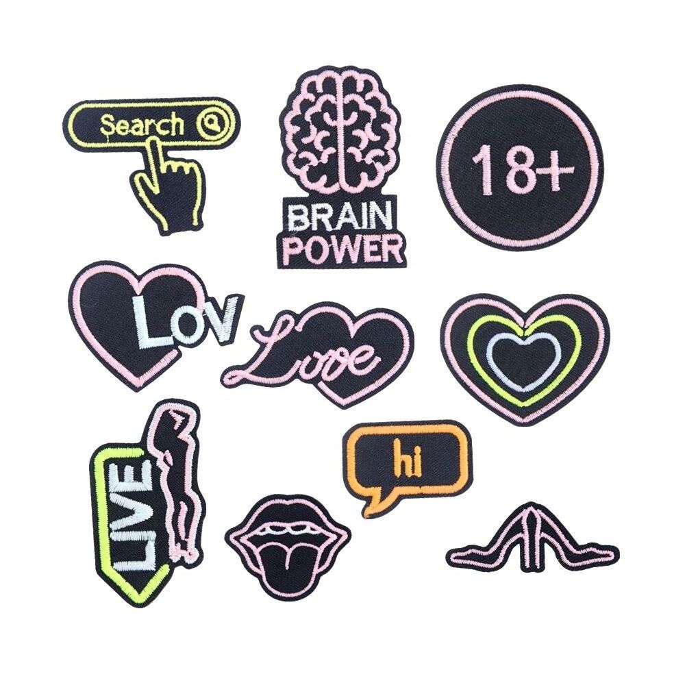 Fashion Simple Line Metaverse Nightlight Embroidered Patches Pop Scrawl Love Sexy Lip Brain Power Iron On Badge For Clothing Hat