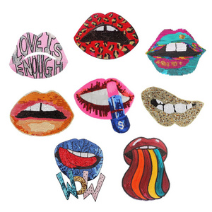 Wholesale Low Moq Large Size Women Sexy Lip Sequin Patches Colorful Glitter 3D Iron On Sew On Letter Embroidered Appliques