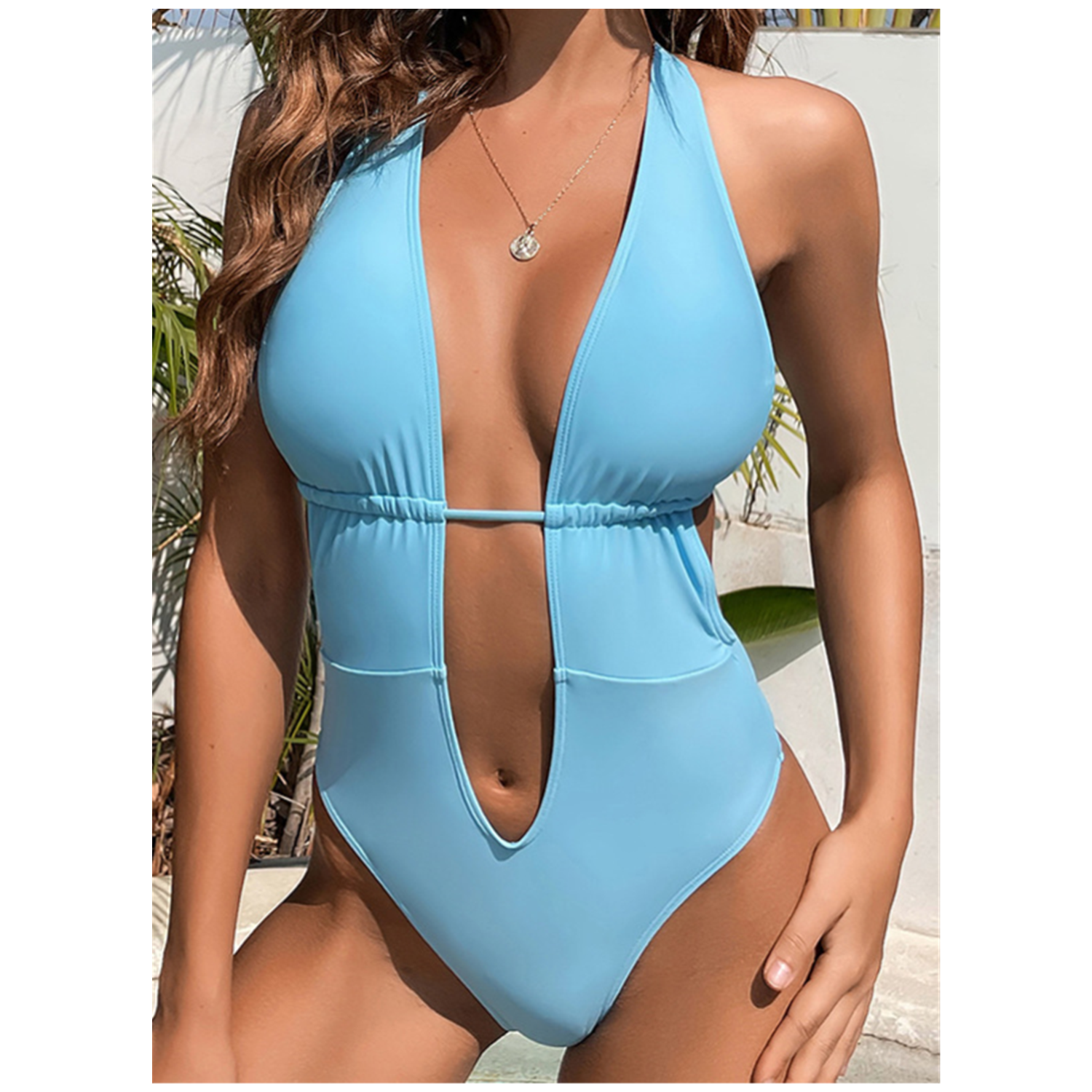 Deep V Neck Sexy Women Open Girl Bathing Suit Bandage New Design Halter High Leg Swimsuit