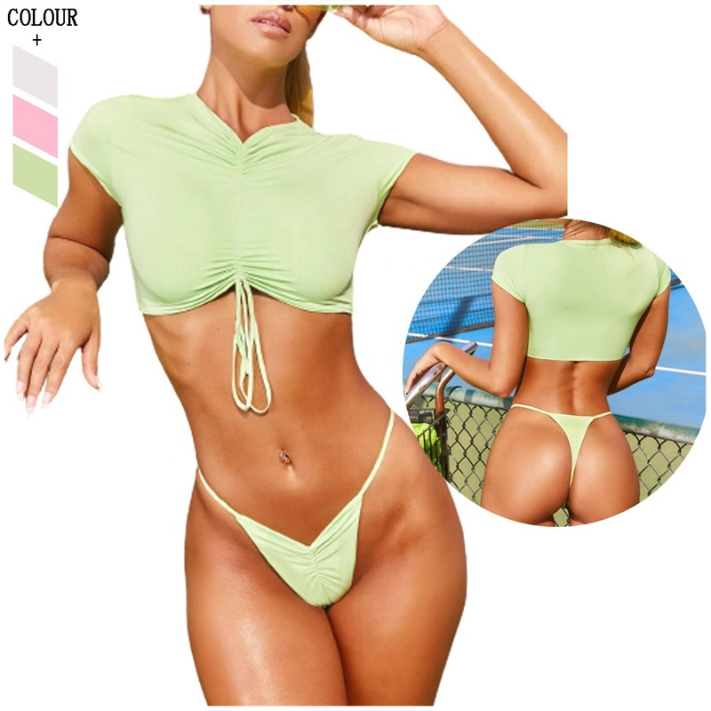 Wholesale Swimsuit High Collar Fitness Swimwear HOT Sexy Short Sleeve Drawstring Top Thong Smallest Micro Bikini