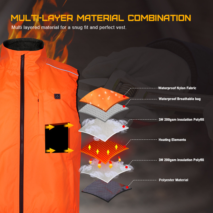 Customize Waterproof Orange Work Heated Reflective Vest With Rechargeable Battery Usb For Man Women Electric Heating Heated Vest