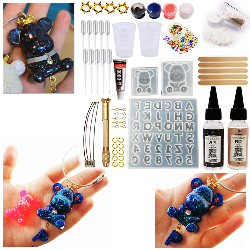 QIAOQAIO DIY Epoxy Resin Gummy bear with letters Molds Jewelry Making Tool Kit With Resin AB Glue key chain kit DIY gift