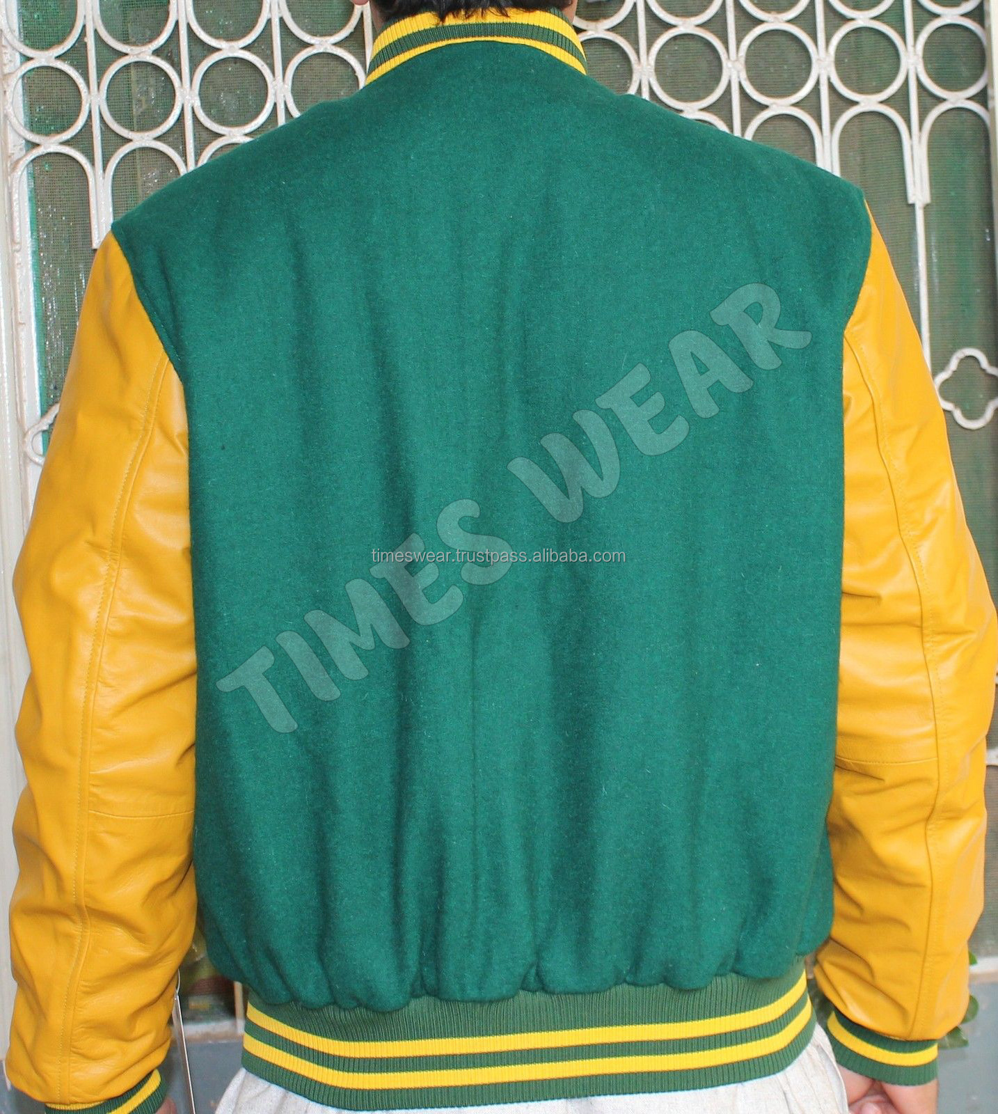 Men's High Quality Button up Green Wool Varsity Jacket with Yellow Genuine Leather Sleeves