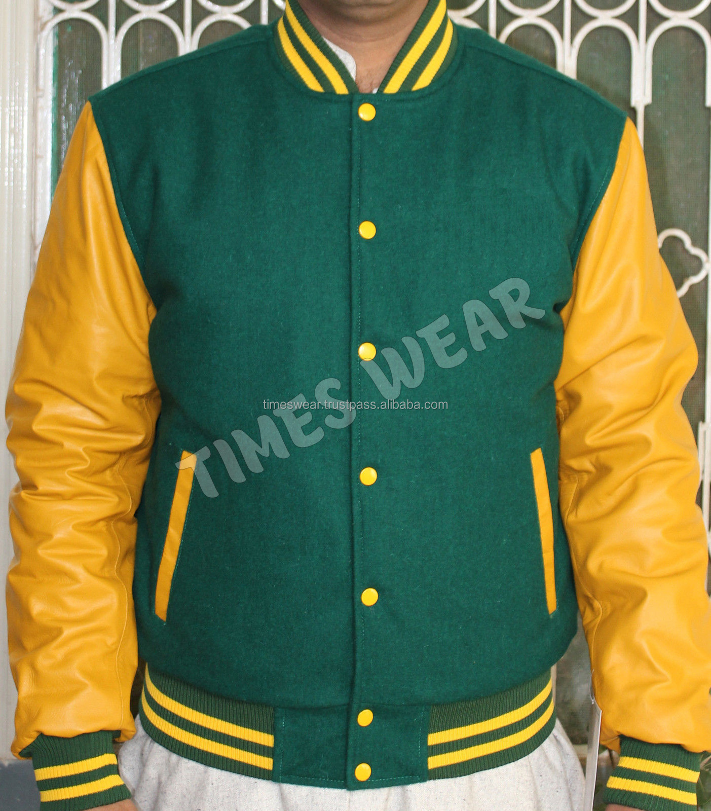 Men's High Quality Button up Green Wool Varsity Jacket with Yellow Genuine Leather Sleeves