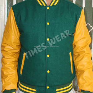 Men's High Quality Button up Green Wool Varsity Jacket with Yellow Genuine Leather Sleeves