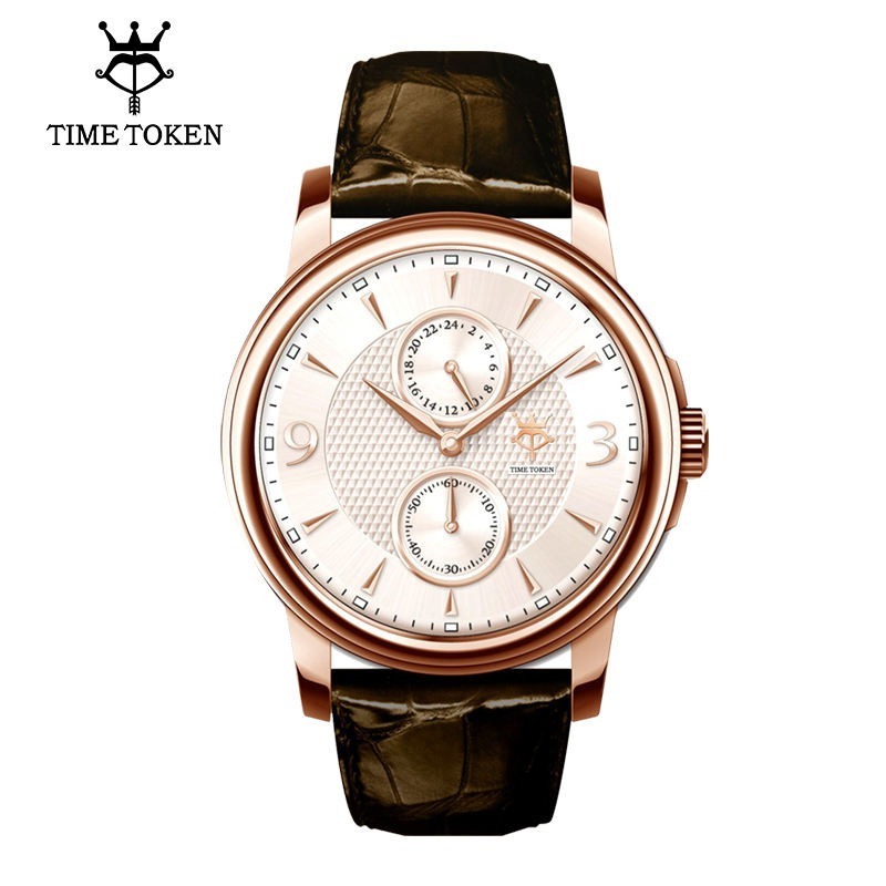 TIME TOKEN Private Labeling Mens Watches Luxury Round Pointer Quartz Watch White Mens Genuine Brown Leather Watch