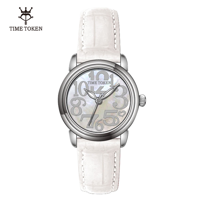 TIME TOKEN Fashion 316l Women Stainless Steel Watch Mother Of Pearl Quartz Watches Luminous Genuine Leather Watch For Women