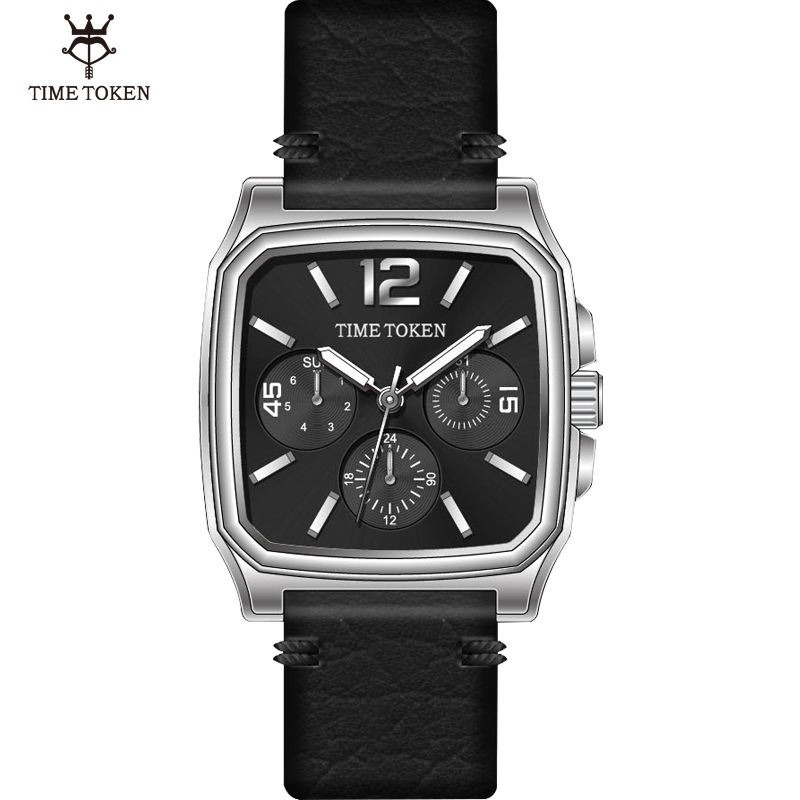 TIME TOKEN 5 Bar Waterproof Black Square Watch Men Reloj De Cuarzo High End Chronograph Quartz Watch Waterproof For Mens