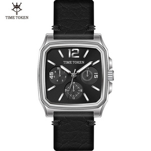 TIME TOKEN 5 Bar Waterproof Black Square Watch Men Reloj De Cuarzo High End Chronograph Quartz Watch Waterproof For Mens