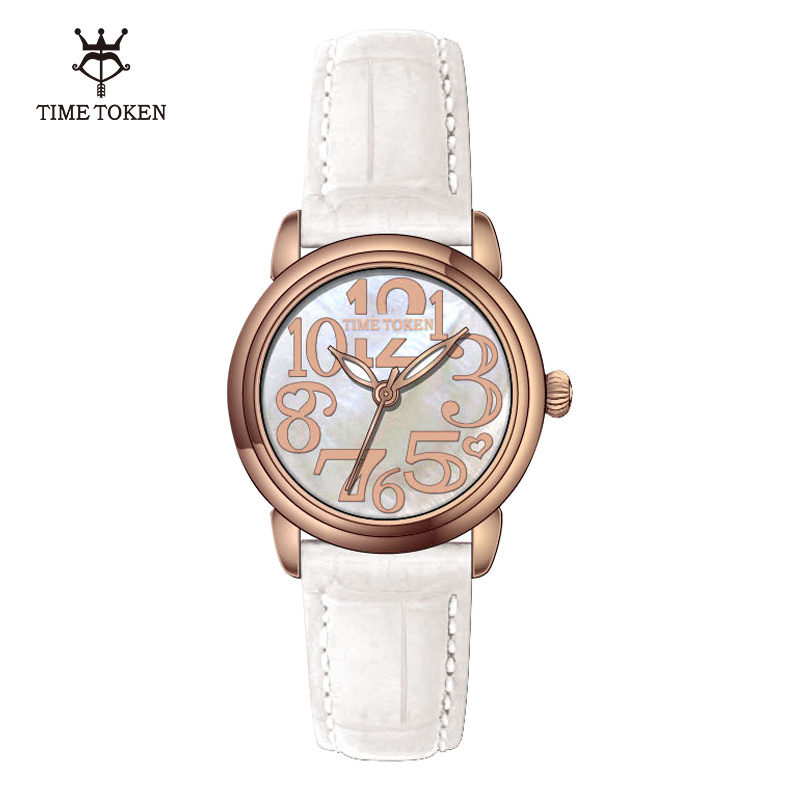 TIME TOKEN Fashion 316l Women Stainless Steel Watch Mother Of Pearl Quartz Watches Luminous Genuine Leather Watch For Women