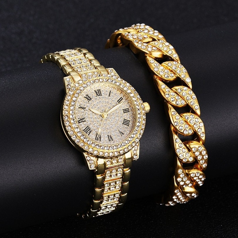 Wholesale Gold Plated Bracelet Set Watch Quartz Rhinestone Customized Diamond Design Bracelet Wrist Watch For Women Gift