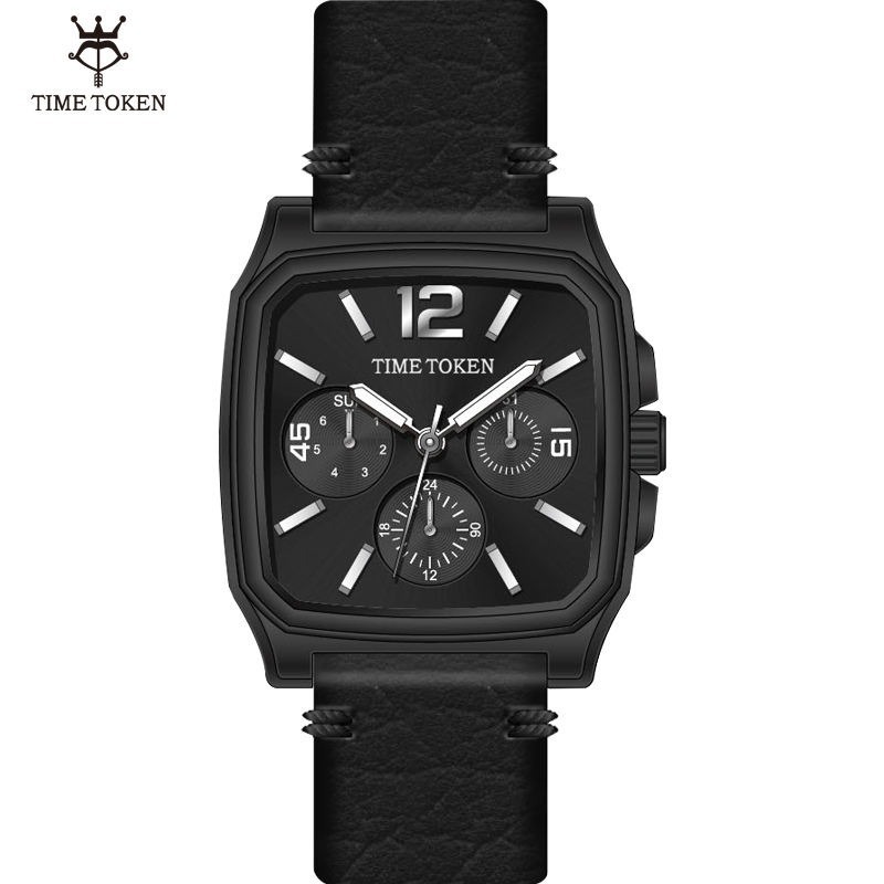 TIME TOKEN 5 Bar Waterproof Black Square Watch Men Reloj De Cuarzo High End Chronograph Quartz Watch Waterproof For Mens