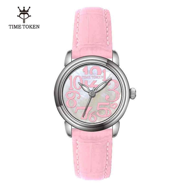 TIME TOKEN Fashion 316l Women Stainless Steel Watch Mother Of Pearl Quartz Watches Luminous Genuine Leather Watch For Women