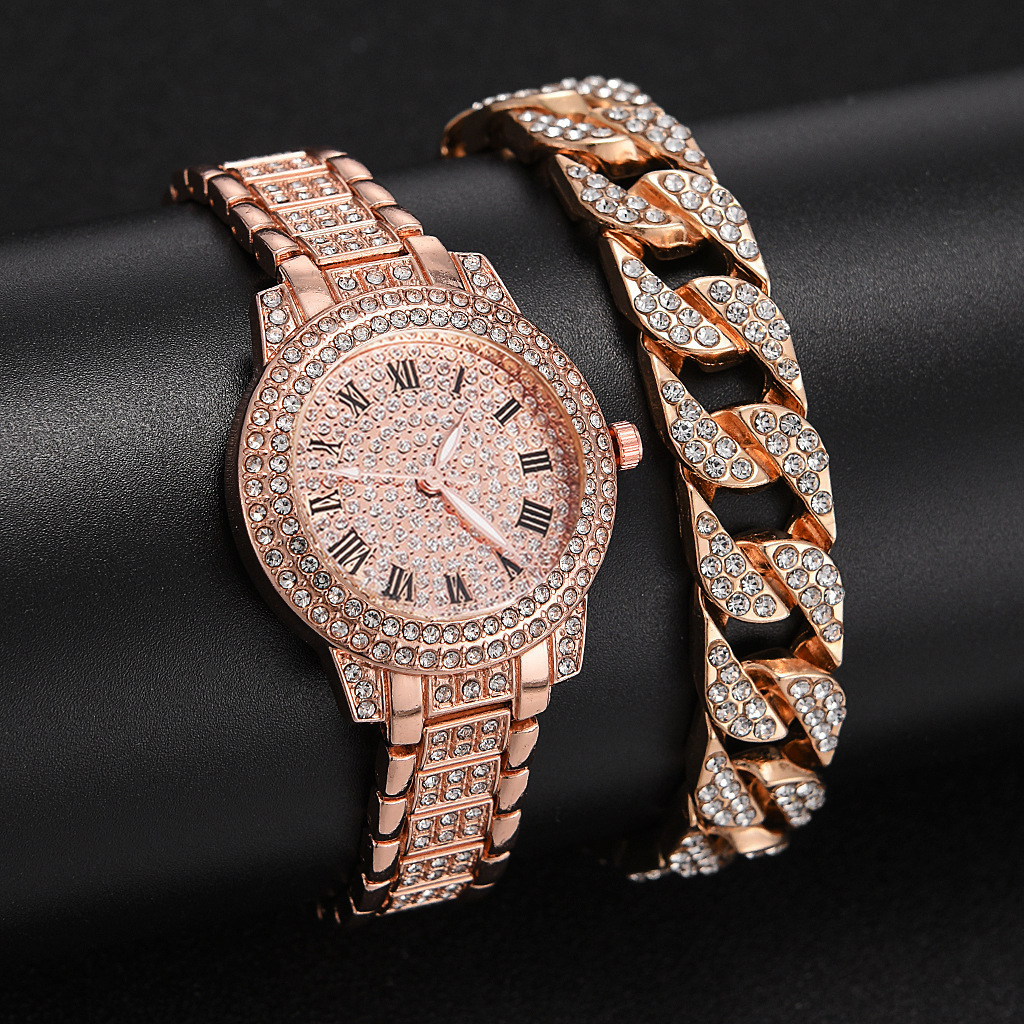 Wholesale Gold Plated Bracelet Set Watch Quartz Rhinestone Customized Diamond Design Bracelet Wrist Watch For Women Gift