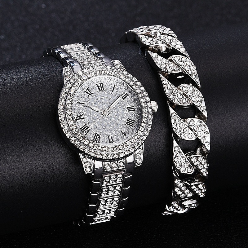 Wholesale Gold Plated Bracelet Set Watch Quartz Rhinestone Customized Diamond Design Bracelet Wrist Watch For Women Gift