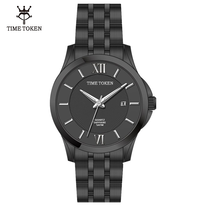 TIME TOKEN Casual 316 Stainless Steel Men Black Quartz Watches Exactime Luxury Japan Movt Wrist Watches