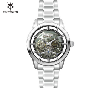 TIME TOKEN Luxury Luminous Skeleton Watch Mechanical 5 Bar Water Resistance Stainless Steel Wrist Watch For Men