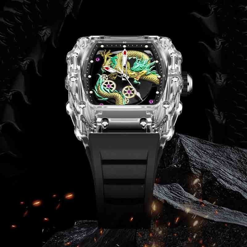 Time Token Brand New Light Luxury Fashion Men's Quartz Watch Waterproof Dragon Watch Luminous Hollow-Carved Design Men's Watch