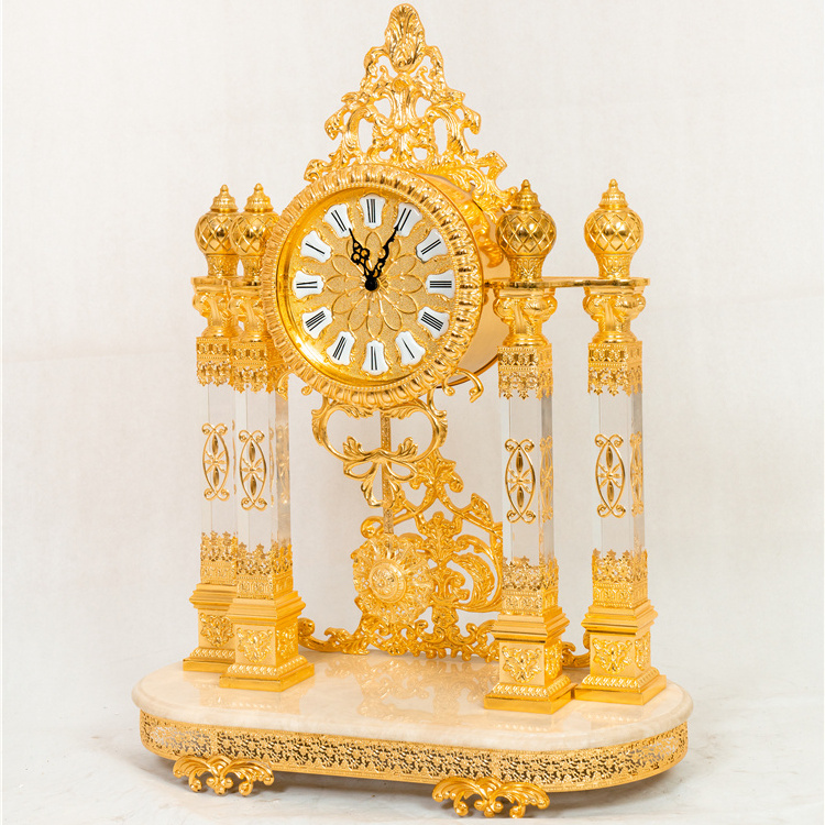 Antique Luxury Style Desk Clock Home Decoration Carved Table Clocks Copper Gold-plated Crystal Table Clock