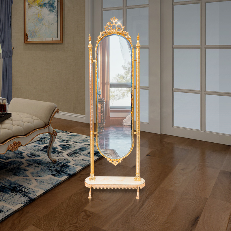 Retro Luxury Design Floor Mirror Golden Classic Full Bronze Full-long Mirror Hotel Home Marble Dressing Mirror