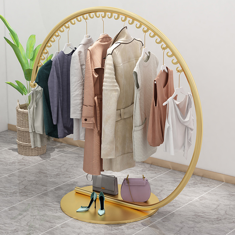 Gold Clothing Display Furniture Living Room Bedroom Floor Circular Clothes Hanger Coat Rack Stand Shelf