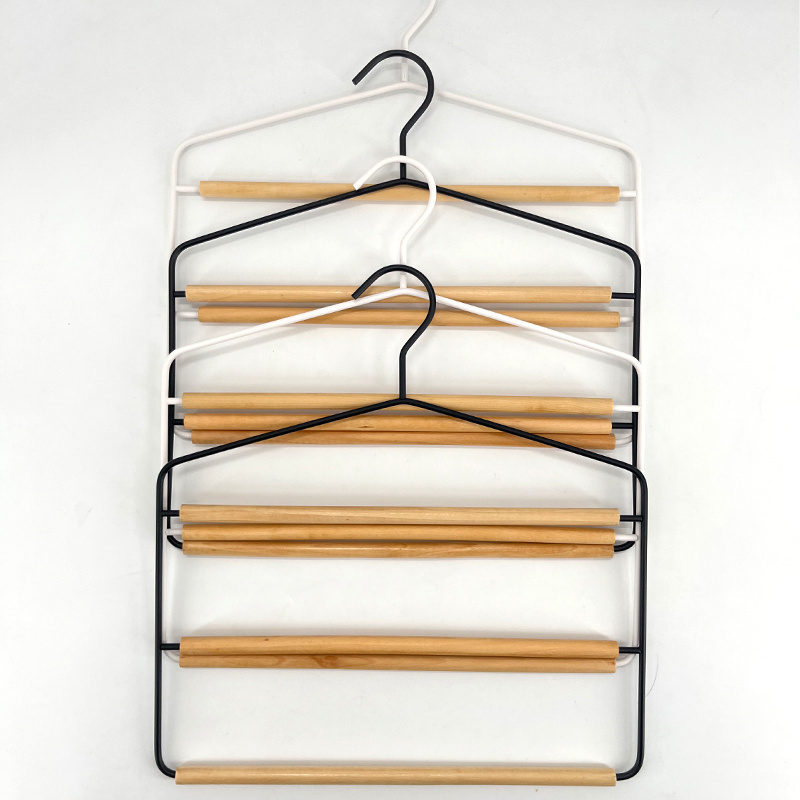 New Arrival Sales Pants Hanger Manufacturer 3-Layer Folding Trouser Pants Skirt Hanger Metal with eucalyptus Wood Bar