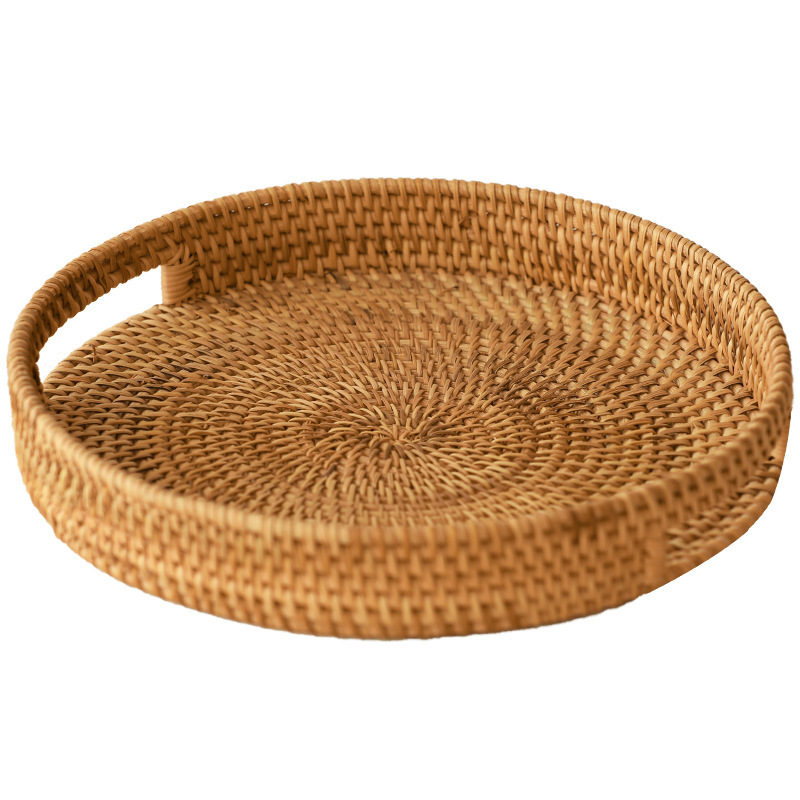 Wholesale hand woven cane straw woven fruit tray fruit basket tea tray round handle creative storage basket living room