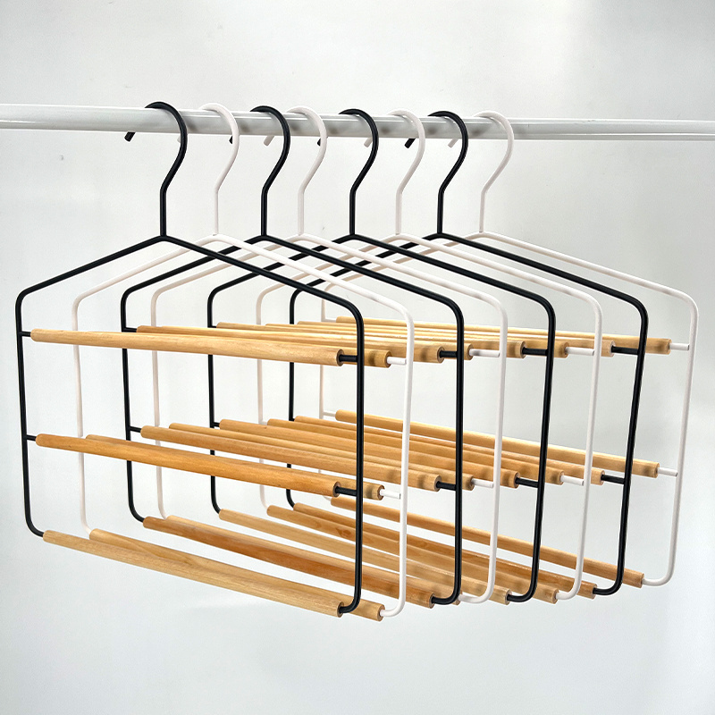 New Arrival Sales Pants Hanger Manufacturer 3-Layer Folding Trouser Pants Skirt Hanger Metal with eucalyptus Wood Bar