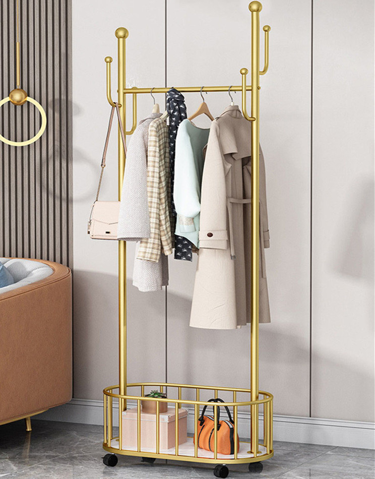 Multifunctional Clothing Display Rack Floor 2 Tier Metal Iron with MDF Coat Rack Stand with Wheels