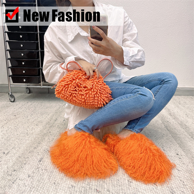 2022 winter new fashion animal sheepskin pink luxury real furry frenzy slippers fluffy flat mongolian fur slides for women