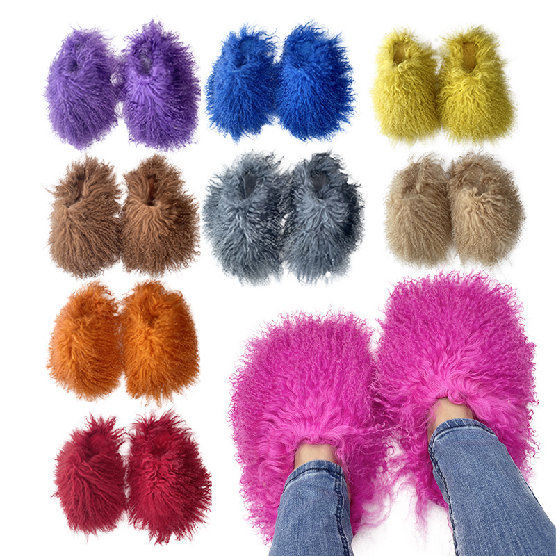 2022 winter new fashion animal sheepskin pink luxury real furry frenzy slippers fluffy flat mongolian fur slides for women