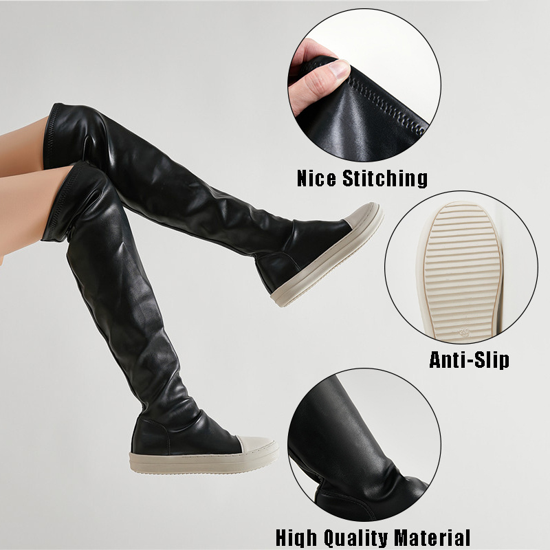 2023 spring winter ladies chunky flat pu leather ankle boots fashion gril platform over the knee thigh high boots women