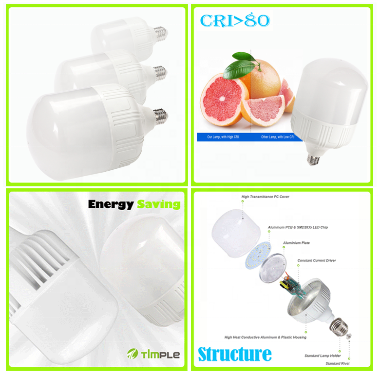 Led T bulb 60w 80w 100w 3000K 4000K 6500K 9000K diecasting aluminum T bulb light E40 base