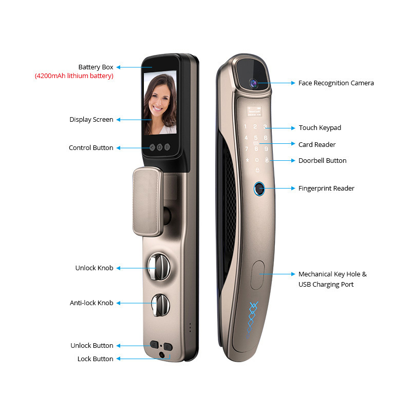 Digital door viewer Tuya electronic face lock fingerprint deadbolt 3d face recognition smart door lock