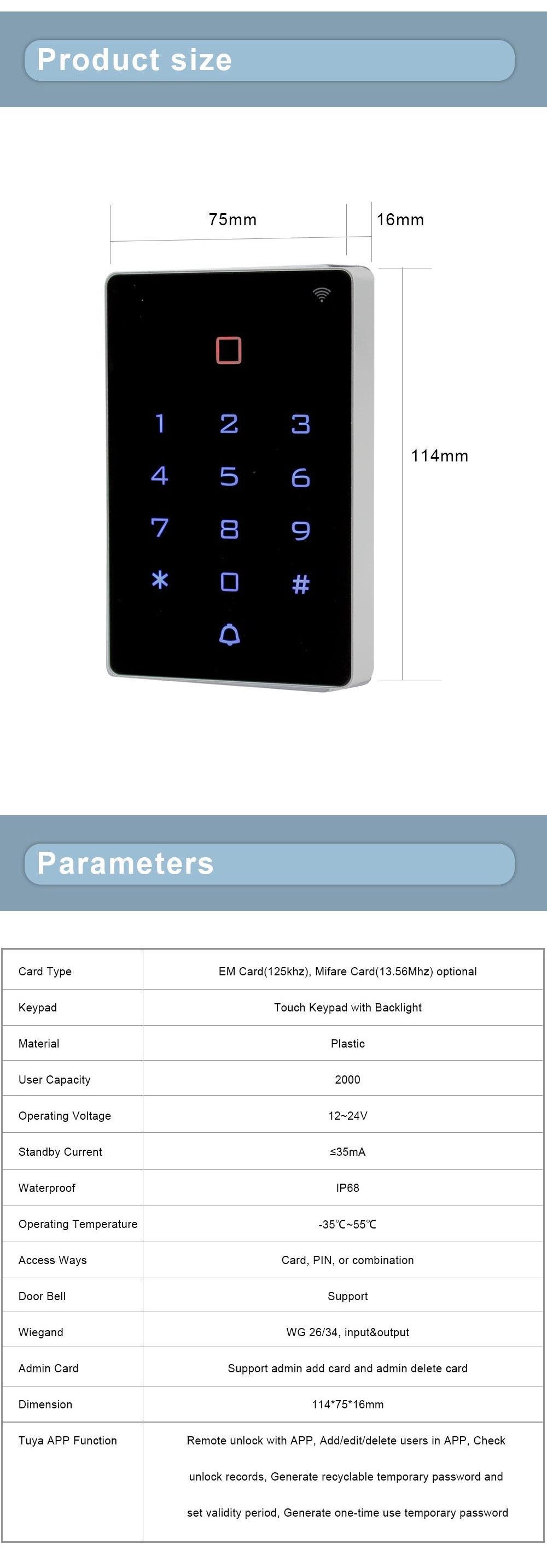 Waterproof Keypad Access Control Wifi Tuya Rfid Card Readers Access Control