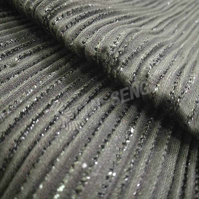 Black Knitted Fabric , Shimmer Lurex Stripe Woven Fabric , Crumpled Black Metallic Stripe Fabric for Garment Manufacturer