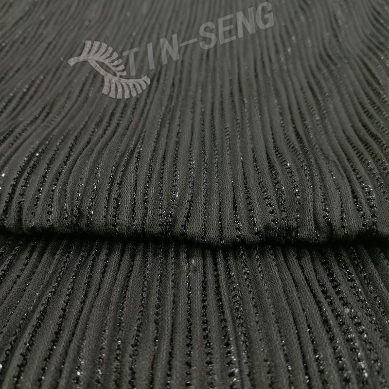 Black Knitted Fabric , Shimmer Lurex Stripe Woven Fabric , Crumpled Black Metallic Stripe Fabric for Garment Manufacturer