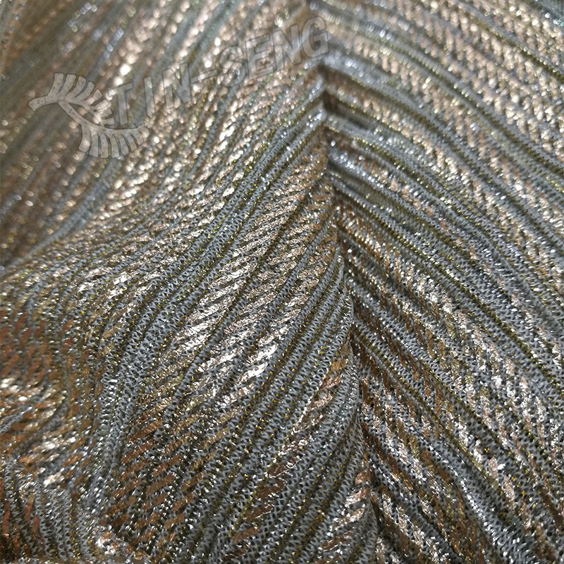 Pleated Metallic Fabric , Polyester Knitted Fabric with Gold Lurex Stipe , Crumpled Glitter Tinsel Fabric for Women's Dressing