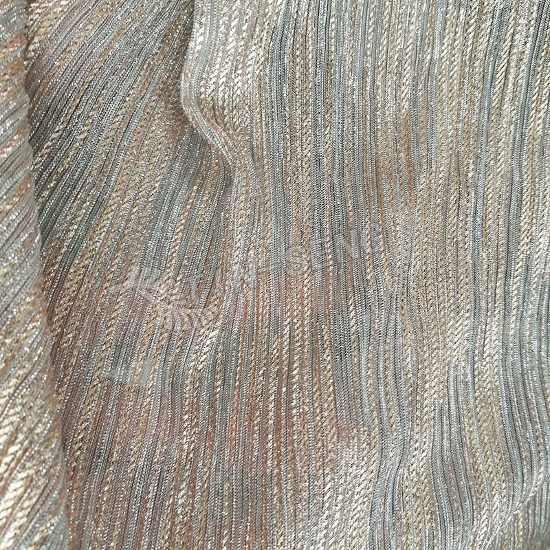 Pleated Metallic Fabric , Polyester Knitted Fabric with Gold Lurex Stipe , Crumpled Glitter Tinsel Fabric for Women's Dressing