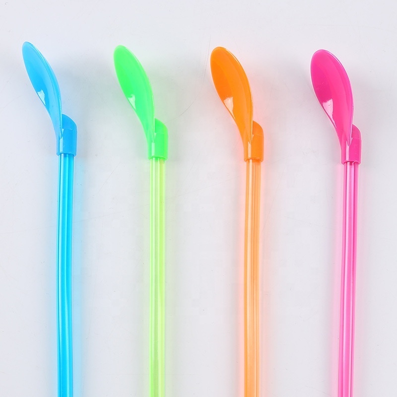 Eco friendly Reusable Plastic Drinking spoon Straw, custom straw ice cream spoon