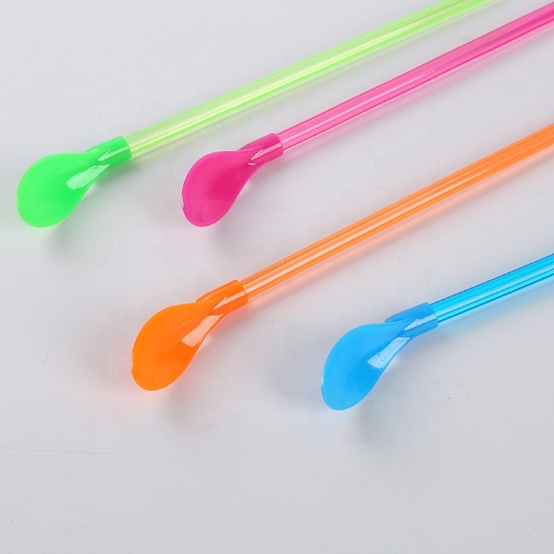 Eco friendly Reusable Plastic Drinking spoon Straw, custom straw ice cream spoon