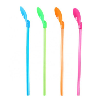 Eco friendly Reusable Plastic Drinking spoon Straw, custom straw ice cream spoon