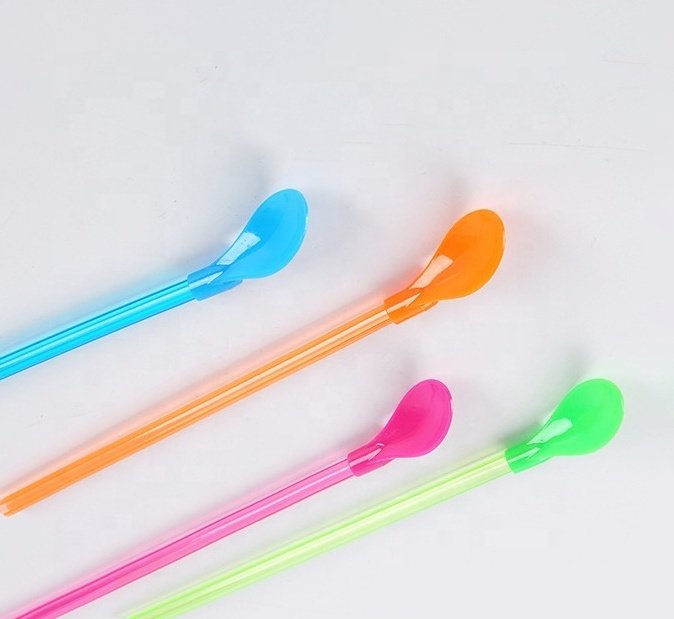 Eco friendly Reusable Plastic Drinking spoon Straw, custom straw ice cream spoon