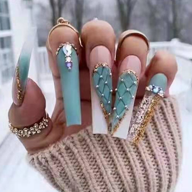 Wholesale Pink Long Handmade Luxury Press on nails with Rhinestones Custom Long Coffin Stick On false Nails