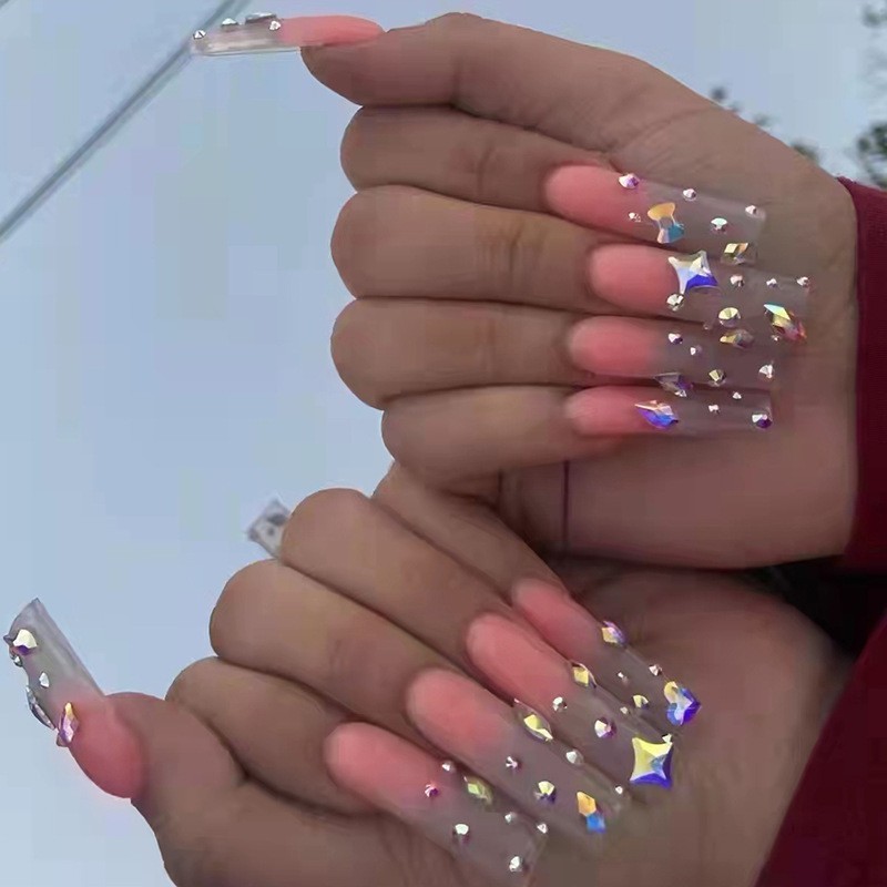 Wholesale Pink Long Handmade Luxury Press on nails with Rhinestones Custom Long Coffin Stick On false Nails