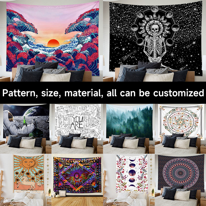 Custom printing Indian hippie Bohemian psychedelic macrame blue peacock mandala wall decor hanging bedding tapestry