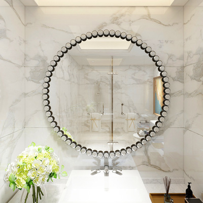 Luxury gold black metal frame crystal diamond design decorative bathroom wall bath round glass mirror