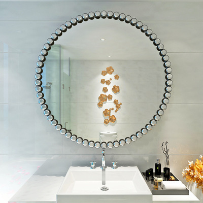 Luxury gold black metal frame crystal diamond design decorative bathroom wall bath round glass mirror