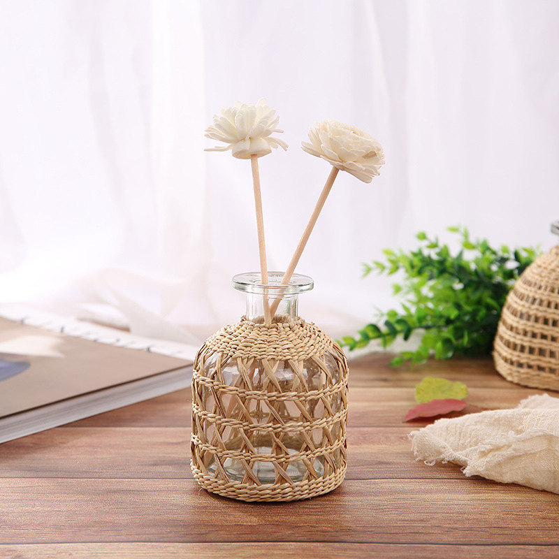 Rustic handmade nature rattan decor table small glass mini crystal hydroponics flower pot plant vase